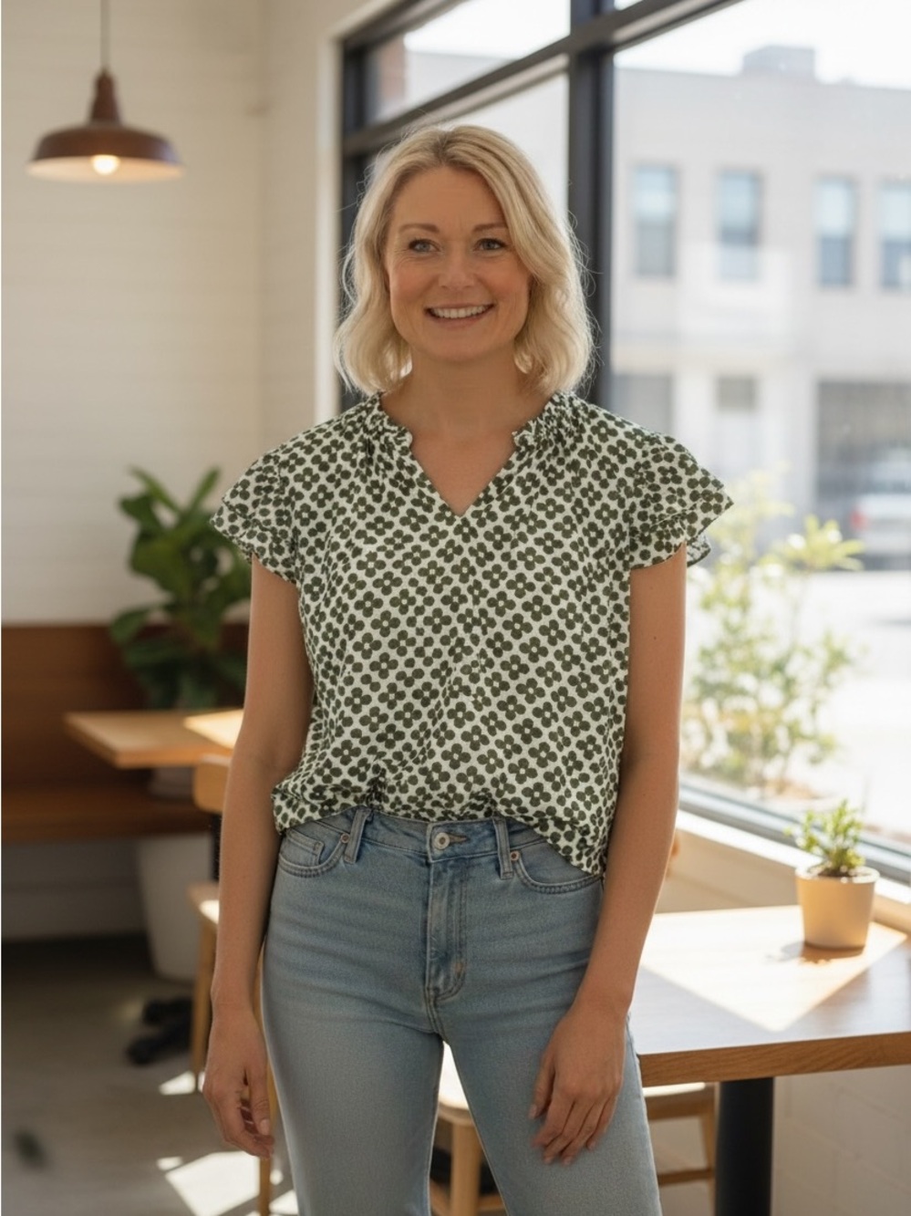 41 Hawthorn Green & White Floral Ruffle Sleeve V-Neck Top